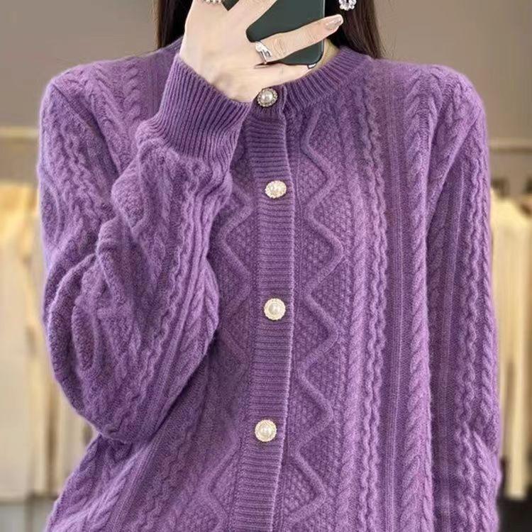 

Осень Зима Женский Мягкий Стиль Высококлассный Круглый Вырез Однотонный Вязаный Косичками Весенний Свитер Куртка Длинный Рукав Вязаный Топ L