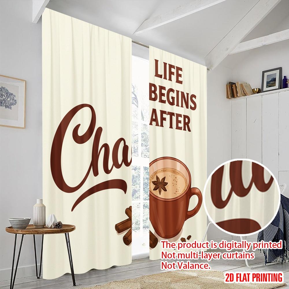 2pcs 2D Flat Printing Curtains Life Begins After Chai 100% Polyester Fabric Without Electricity Festive Holiday Use for Outdoor