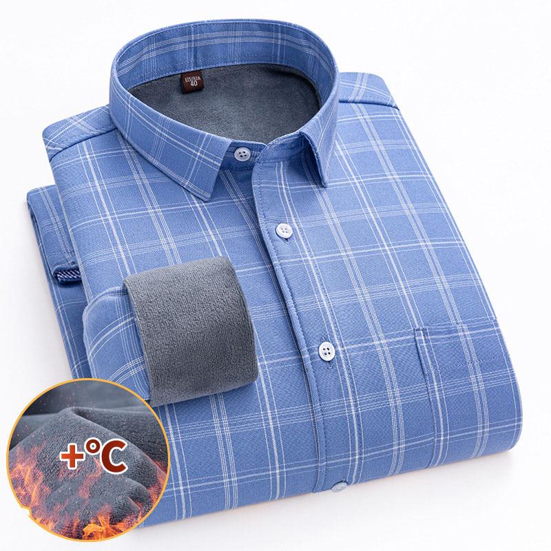 Winter Cotton Oxford Casual Shirts Striped  Plaid Business Men Long Sleeve Warm Shirt 2 Layers