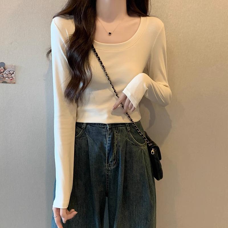 Tricou retro cu decolteu jos, pe umărul drept, cu mâneci lungi pentru femei la începutul toamnei, design nou, cu talie înaltă, slim, scurt, top cu strat interior