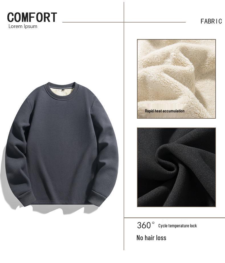 Men's Lambswool Round Neck Hoodie, Velvet-Lined, Thick, Long Sleeve, Warm Winter Top, No Hood