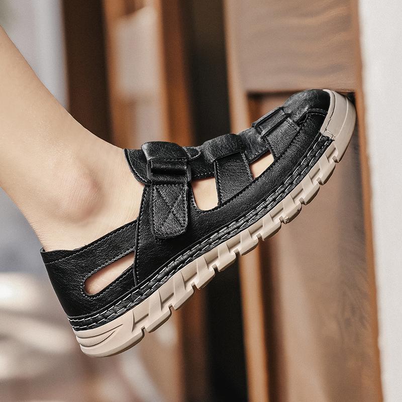 Fashion High Quality Leather Men Casual Sandals Breathable Male Summer Flats Stylish Beach Vacation Shoes Comfortable Hollow Out Loafers