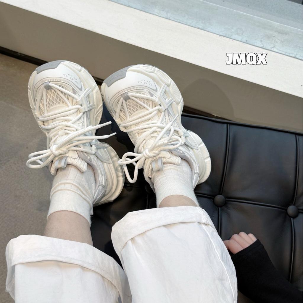 Leather Platform Dad Shoes Women's Spring New Mesh Breathable Heightening Soft Sole Lightweight Sports and Leisure Shoes