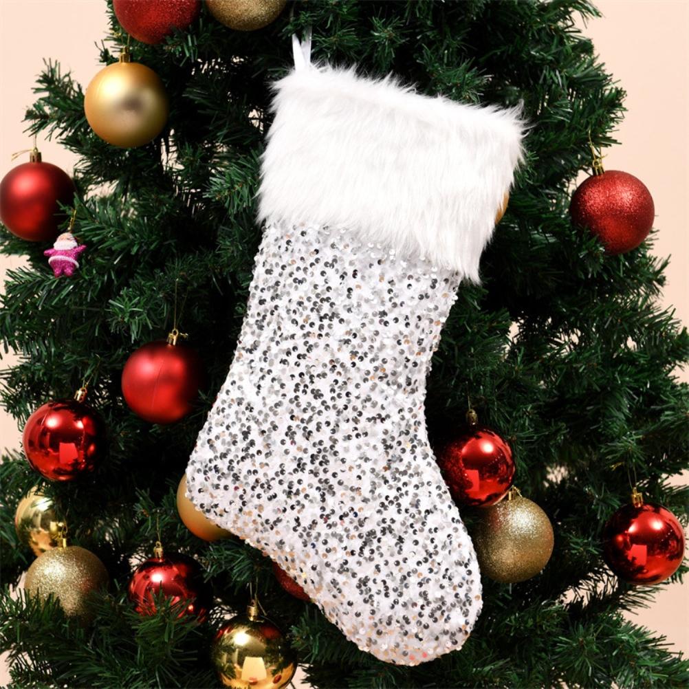 Sequins Plush Christmas Socks with Lanyard Portable Christmas Gift Bags Xmas Decoration for Fireplace and Christmas