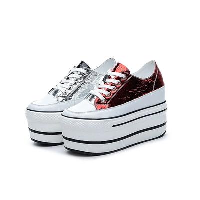 Sneakers con Zeppa Piattaforma in Vera Pelle di Mucca Naturale per Cucito 10cm Robuste Comode Autunno Primavera Scarpe Vulcanizzate da Donna