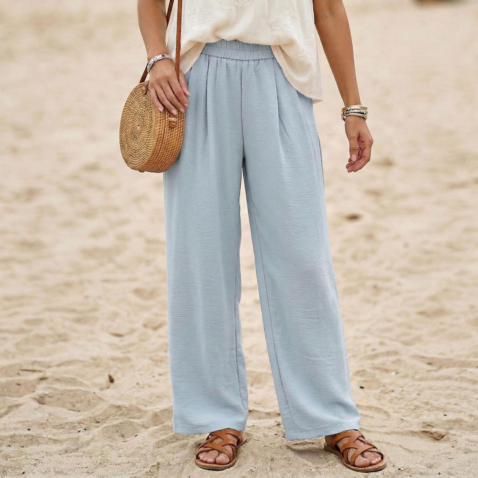 

Women’s Relaxed Fit Elastic Waist Casual Wide Leg Pants with Pockets Lightweight Loose Straight Trousers for Daily Wear L