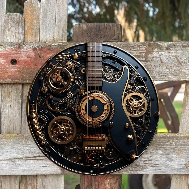 Rund steampunk gitar og utstyr i tre, veggkunst, enkel å henge opp, dekorativt møbel for hjem, kontor, kaffebarer og musikkelskere