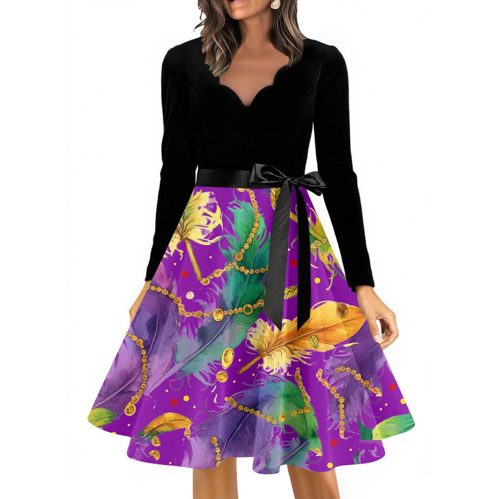 Women's Casual Fashion V Neck Long Sleeve Printed Vintage Long Dress