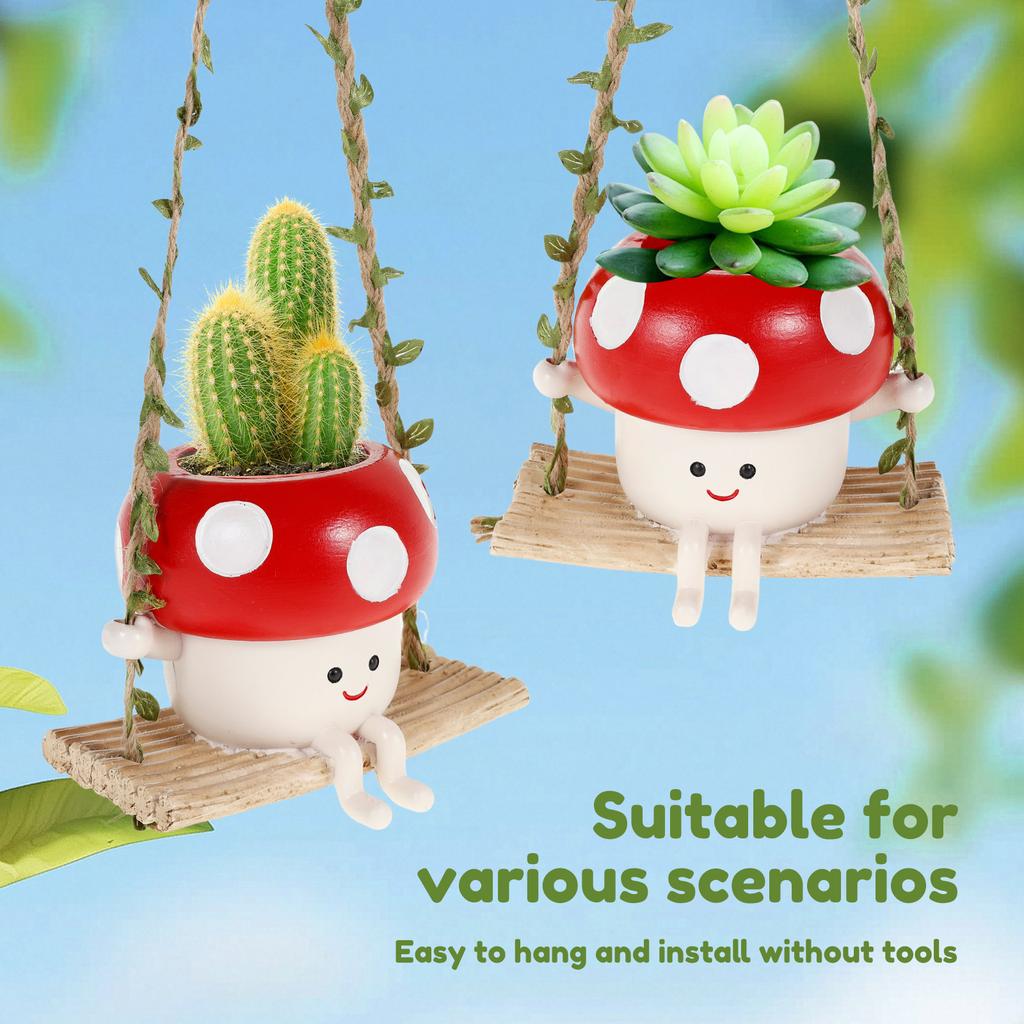 Resin Hanging Planter Pot Cartoon Swing Mushroom Flower Container Succulent Plant Holder for Outdoor Garden Indoor Home Decor