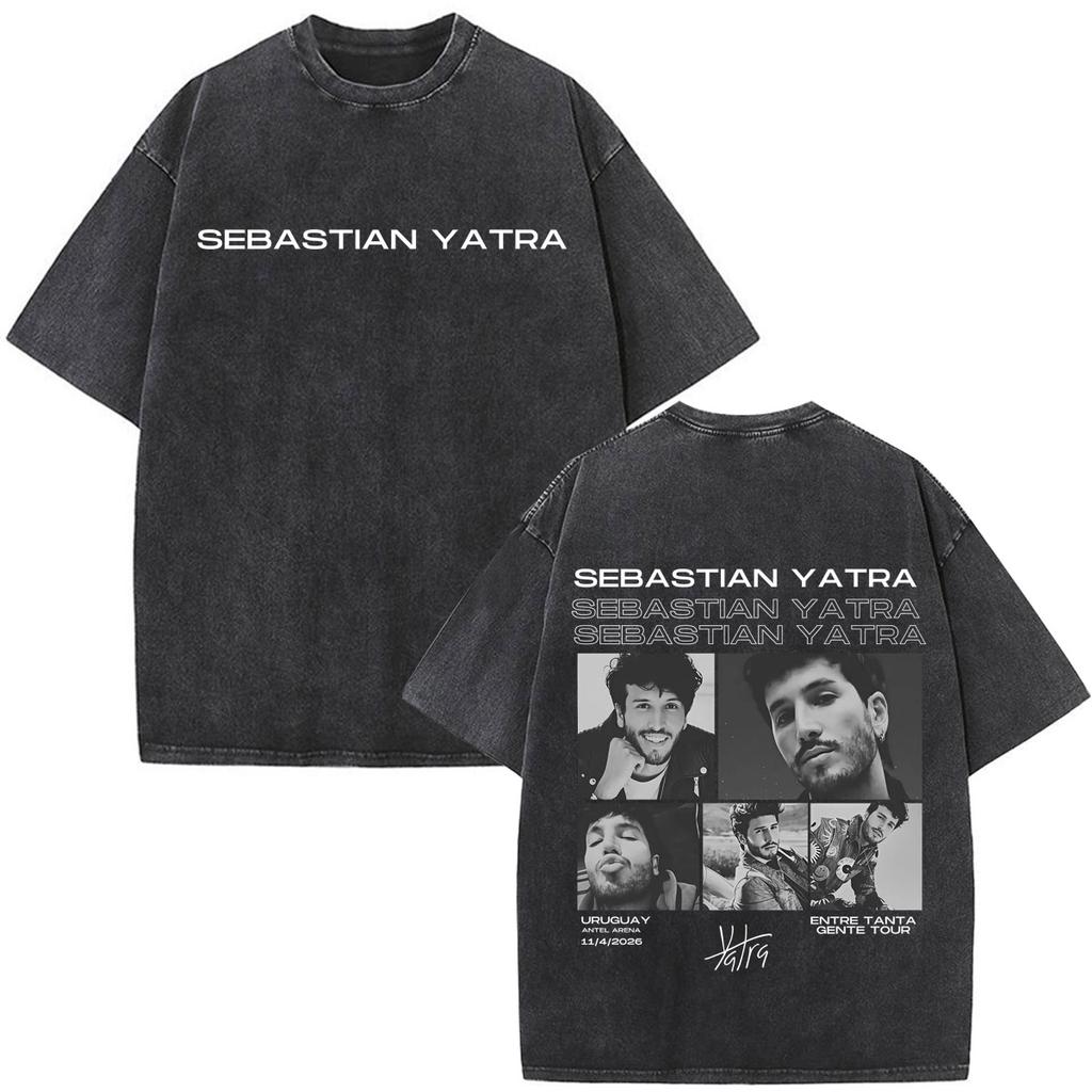 Singer SEBASTIAN YATRA Entre Tanta Gente Tour Print T Shirt Unisex Cotton Casual Vintage Washed Oversized Tshirts Streetwear