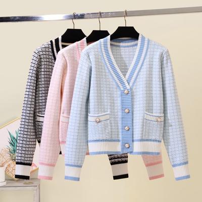 2022 cardigan curto camisola feminina casaco outono e inverno novo estilo exterior com decote em v solto xadrez topo all-match casual