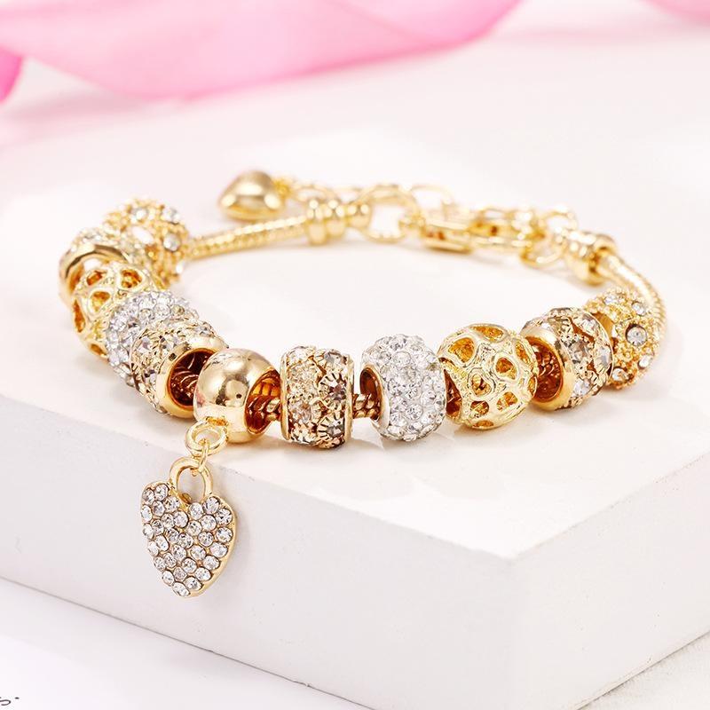 Gold Plated Charm Bracelet Diy Large Hole Beads Bracelet Rhinestone Heart Pendant Adjustable Chain Jewelry For Women Party Gift