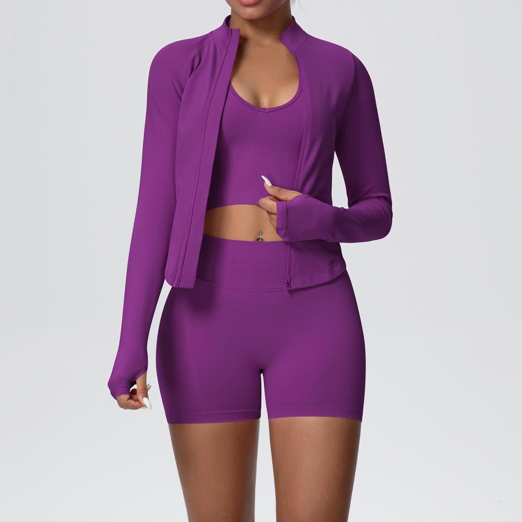Women's European & American Sports Casual Three-Piece Set: Knitted Long Sleeve Zipper Jacket, Sports Vest, & Shorts Fitness Wear.