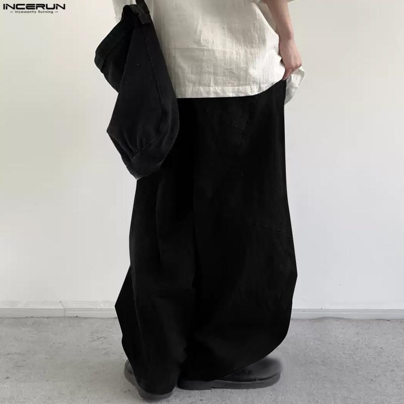 INCERUN Men Elastic Waist Cotton Linen Casual Solid Color Drop-crotch Pants Lantern Trousers