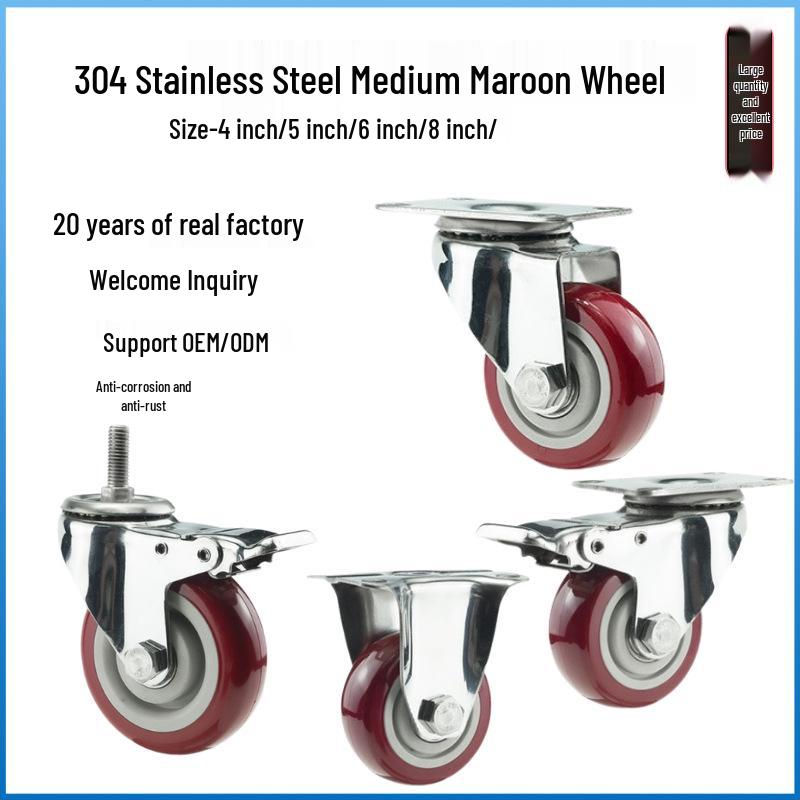 Medium 304 Stainless Steel Swivel Casters with Red Polyurethane Wheels and Brake
