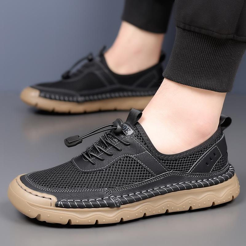 2025 summer breathable casual shoes men's mesh leather hollow hole shoes daily versatile hand-sewn sandals
