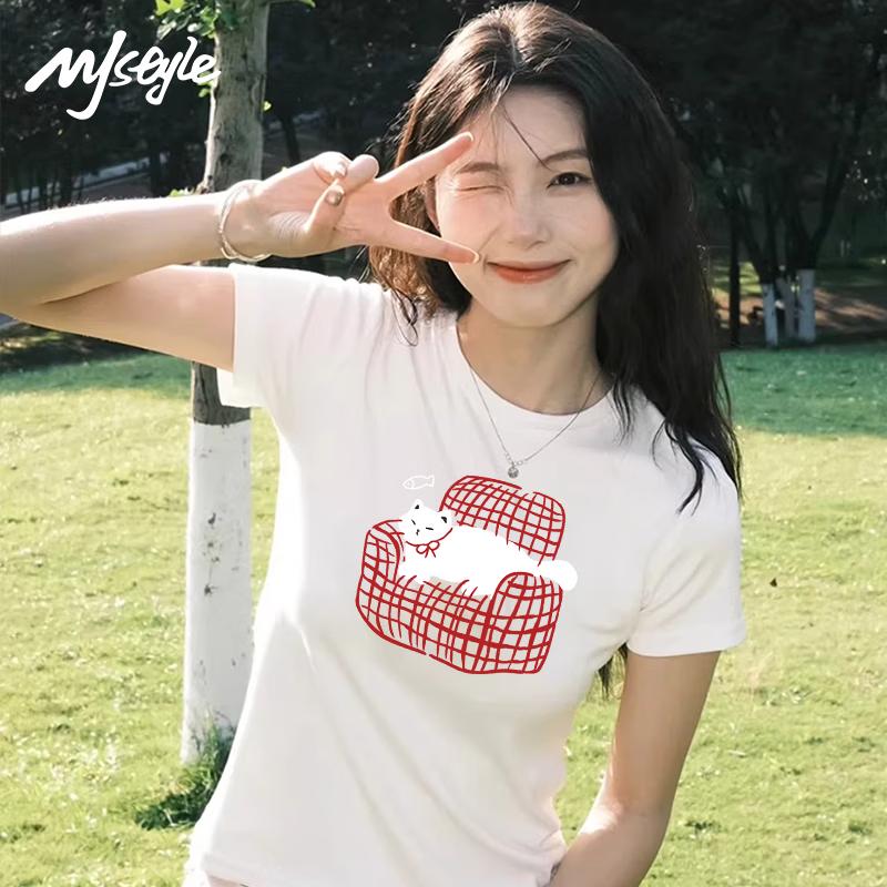 MJ STYLE Women's White JWS Sofa Cat Graphic T-shirt