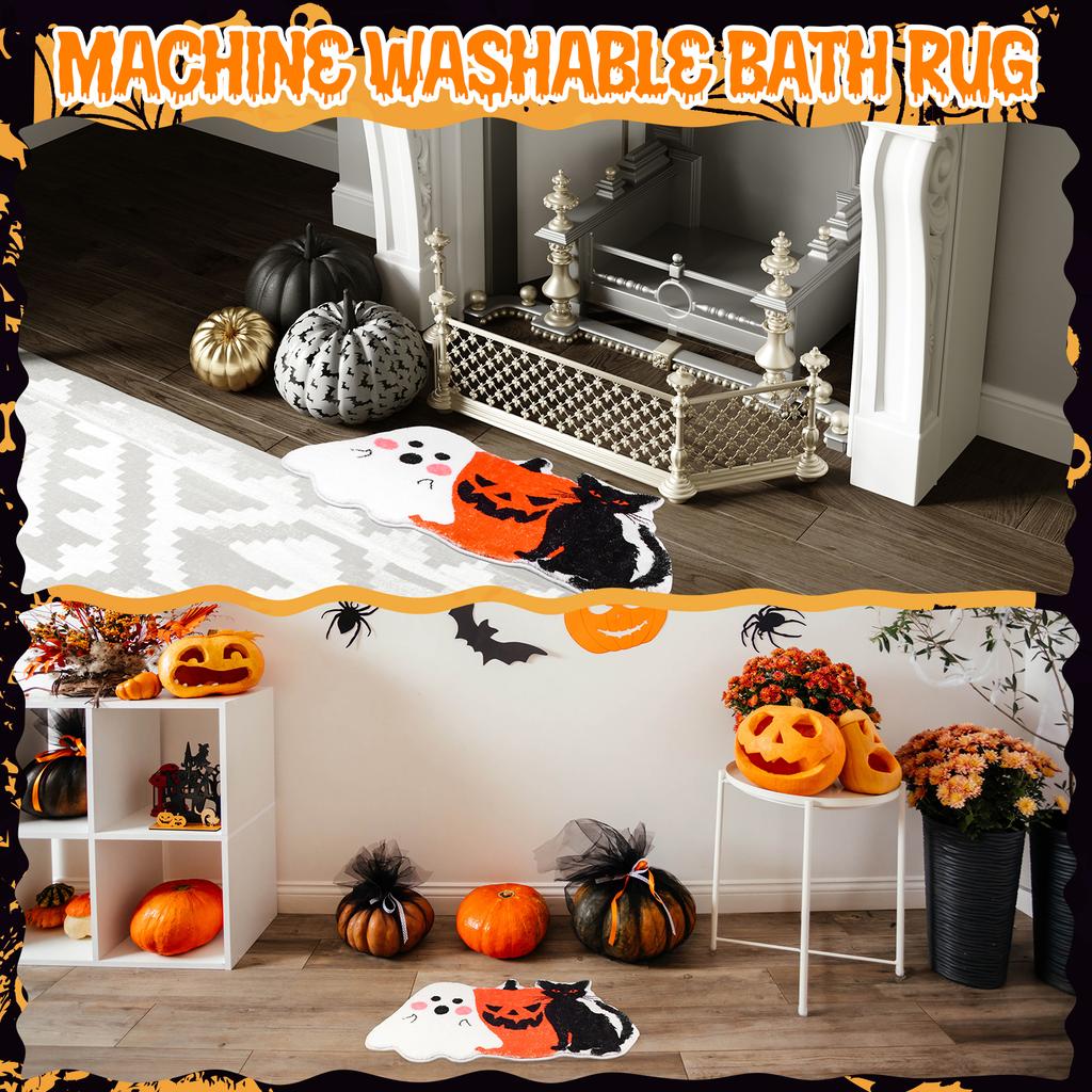 Halloween Badematte Teppich-Kürbis Schwarze Katze Geist Badematte TPR-Rücken Rutschfest Saugfähig Maschinenwaschbar Duschteppich Fußmatte