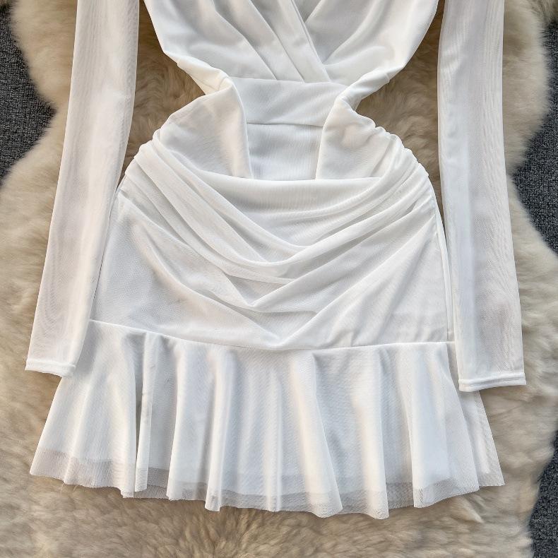 Women Summer Spring Elasticity Long Sleeve Color Soild V-Neck Casual Sheath A-Line Mini-Length High Waist Dress