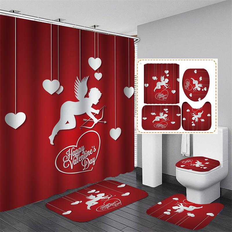 Valentine's Day Bathroom Bathing Waterproof Shower Curtain Home Entrance Doormat Bathtub 4Pcs Set Toilet Seat Cover Rugs Bath Non-Slip Floor Mat Love