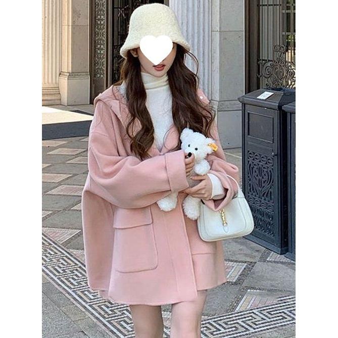 Petite Women s Hooded Wool Coat 2024 - Mid-Length, Horn Button for Early Autumn/Winter Medium кремовый/белый