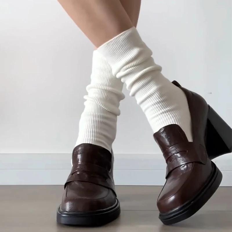 Soft Leather British Style Women's Summer Brown French Heel Loafers High Heel Single Shoes Comfortable Casual Square Toe