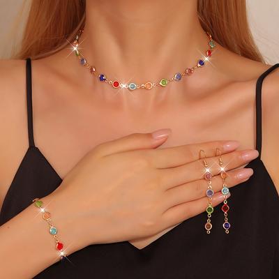 4pcs Jewelry Set Fashion Colorful Rhinestone Necklace, Bracelet, Earrings Set. Ideal For Birthday Parties, Festivals, And Specia