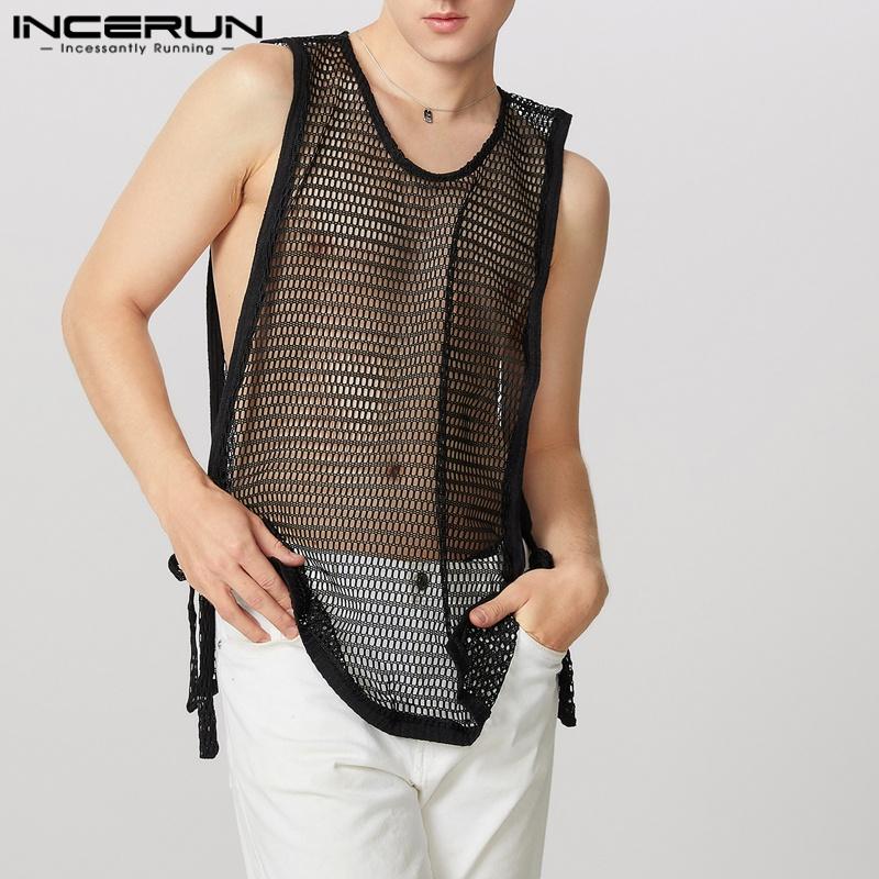 INCERUN Men Sleeveless Side Split Lace-up Hollow Long See Through Tank Tops
