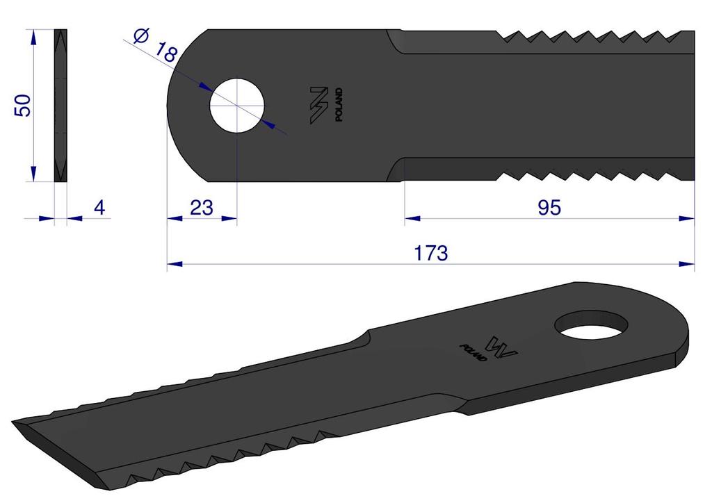 Knife, rotary straw chopper forage harvester 173x50x4mm hole 18 application 600174 John Deere MF New Holland WARYŃSKI, Waryński