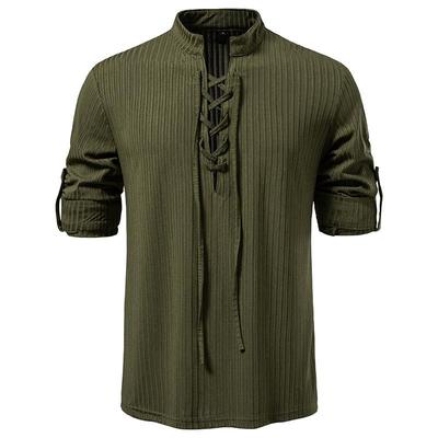 Men's Long Sleeve Henley Shirts Vintage Stand Collar Pullover Tops Casual Tee Shirt with Drawstring Comfortable Athletic Workout T-Shirts for Men