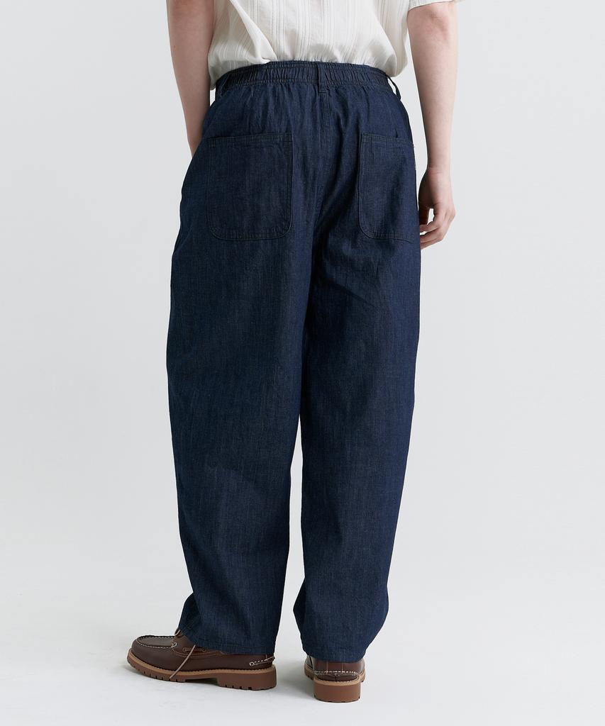 MAGOODGAN Chino 7708 Single-Pleat Linen Denim Balloon Fit Dark Indigo Half-Banding Denim Pants