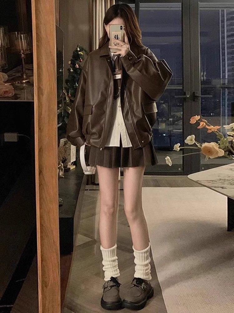 Women's Retro Brown Leather Motorcycle Jacket - Short, Loose Fit, Korean Style for Spring and Autumn, Small Size