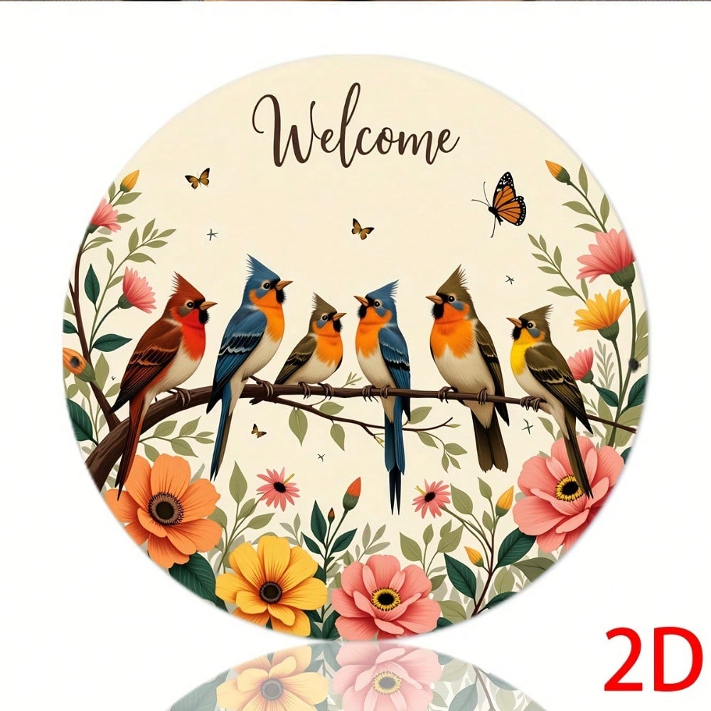 

Vintage Welcome Birds Flowers Round Metal Sign Rustic Home Wall Decor 20x20 разноцветный