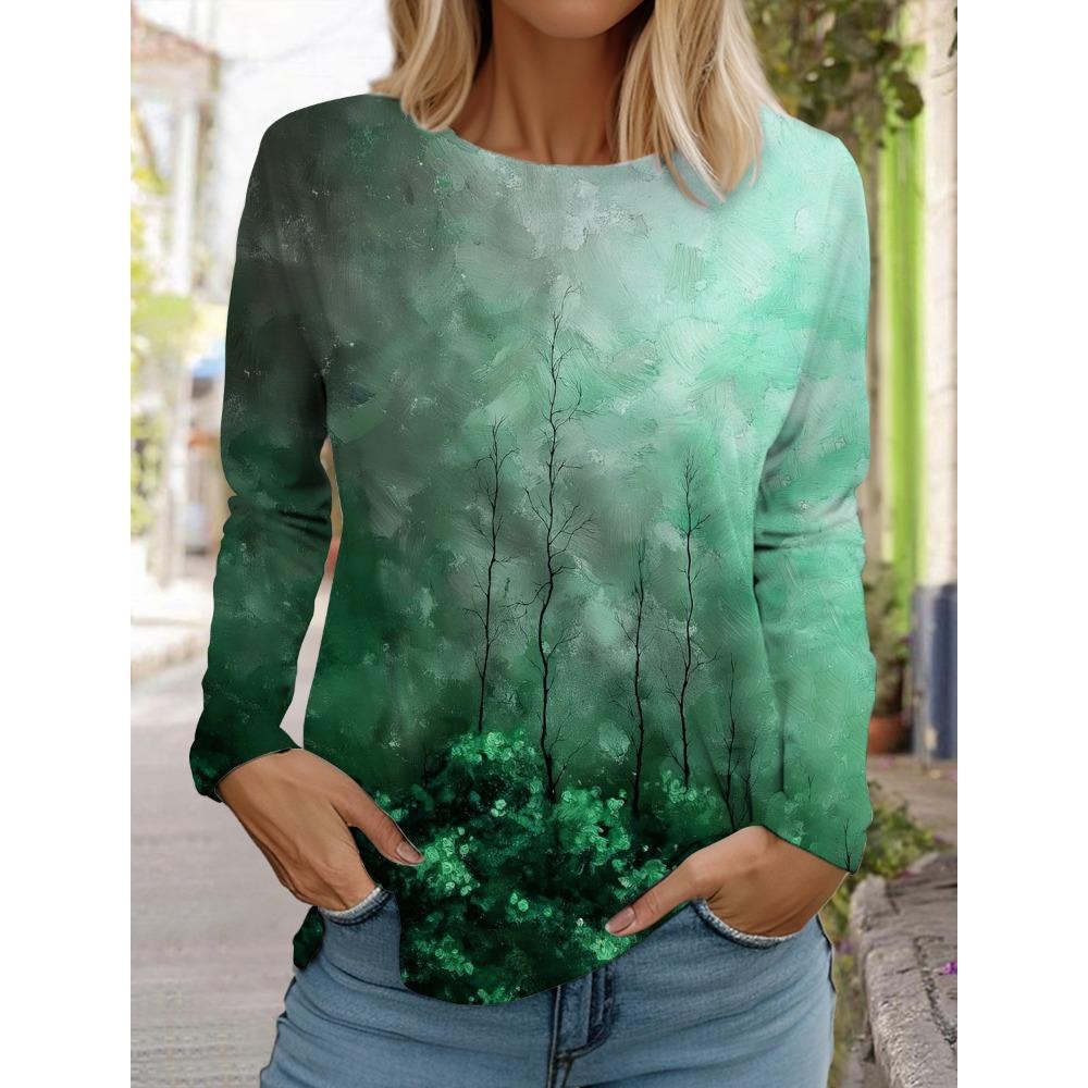 Women's Printed Color T-shirt Fashion Long-sleeved Round Neck Regular Tops Spring and Autumn Wear