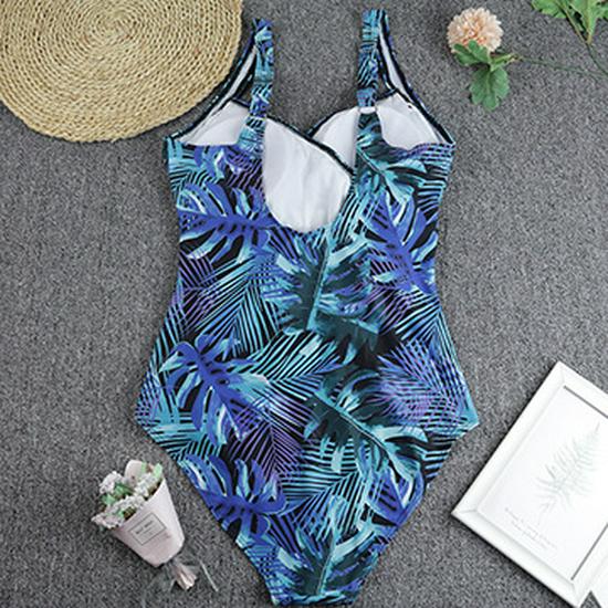 Leaf Print V-Neck Plus Size One-Piece Swimsuit (M-XXL)
