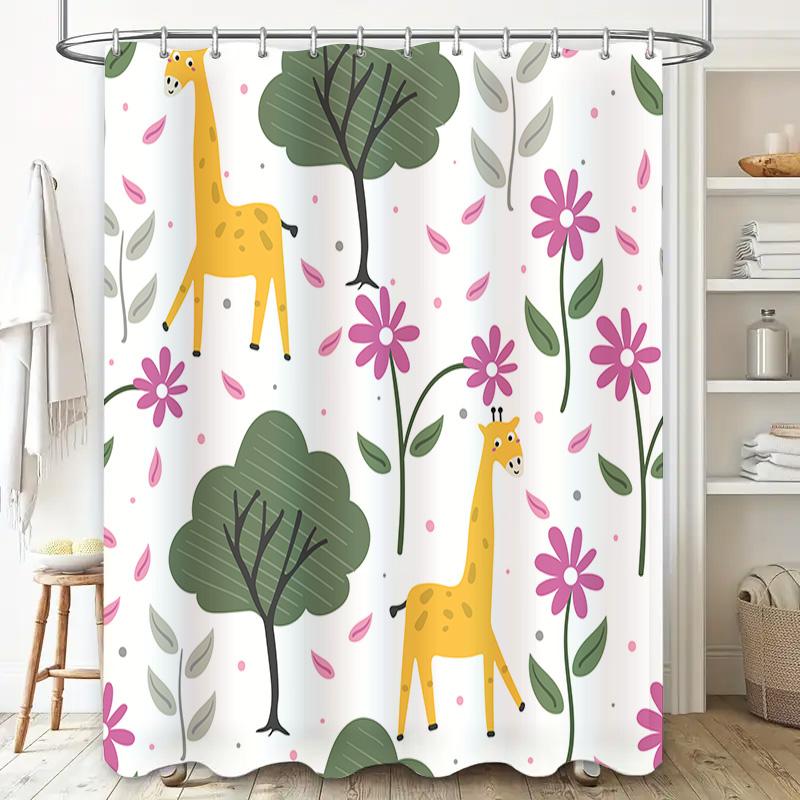 Vintage Style Cartoon Shower Curtain Cute Animal Pattern Decorative Bathrooms Waterproof Fabric Shower Panels for Kids Bathroom