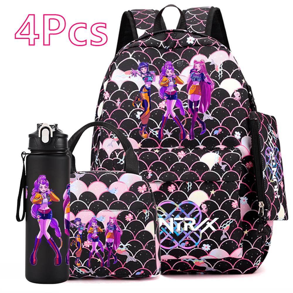 4Pcs/set Anime Cute Printed Backpack Large Capacity Bookbag HandBag Case Bag with 750ml Water Bottler Boy Girl SchoolBag Waterproof Mochila
