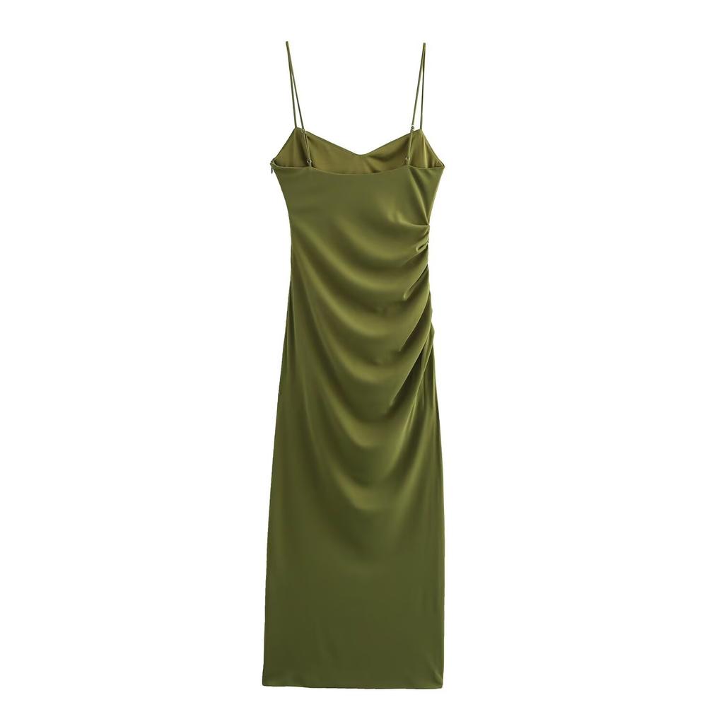 European and American style summer new French green temperament slim pleated Midi suspender dress