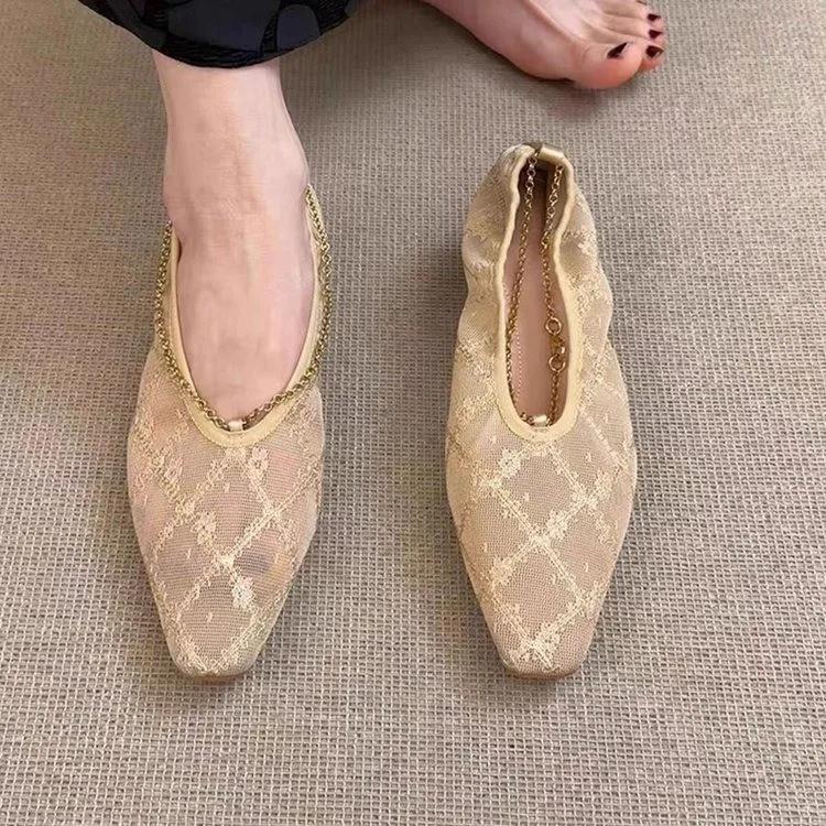 Fashion 2025 New Summer Mesh Breathable Sexy Lace Shoes Female Temperament Chain Design Embroidered Low-cut Shoes Zapatillas De Deporte