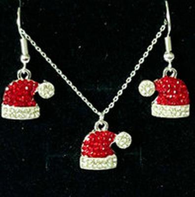 Europäischer & Amerikanischer Heißer Stil Weihnachts-Ohrringe Halskette Set: Niedlicher Frischer Voll-Diamant Weihnachts Hut Anhänger Schmuck