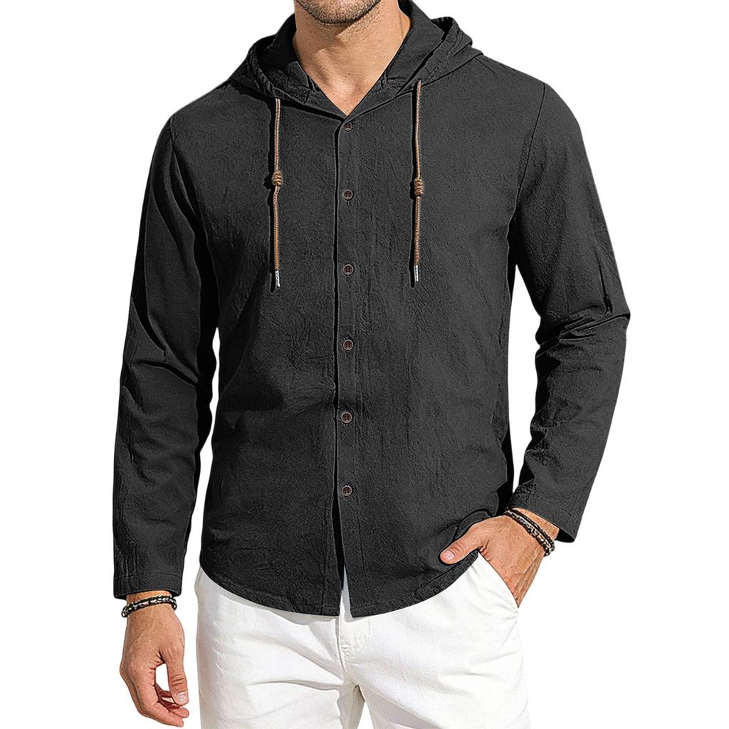 Men's Casual Hooded Long Sleeve Shirt Button Down Lightweight Breathable Loose Fit Oversized Cotton Shirt for Outdoor Sports