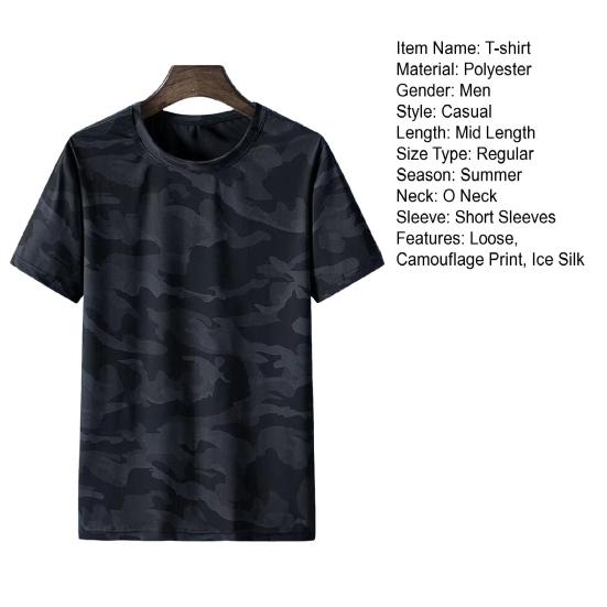 Men Summer T-shirt Ice Sik Short Sleeves Camouflage Print Loose Thin Pullover Round Neck Streetwear Daily Wear
