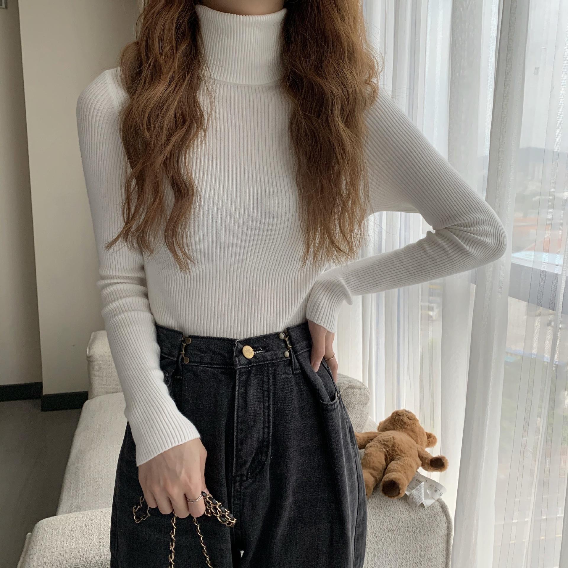 

Зимняя водолазка, женский свитер, вязаный пуловер, мягкий тонкий топ с длинными рукавами, однотонный базовый джемпер с высоким воротом, женская одежда One Size