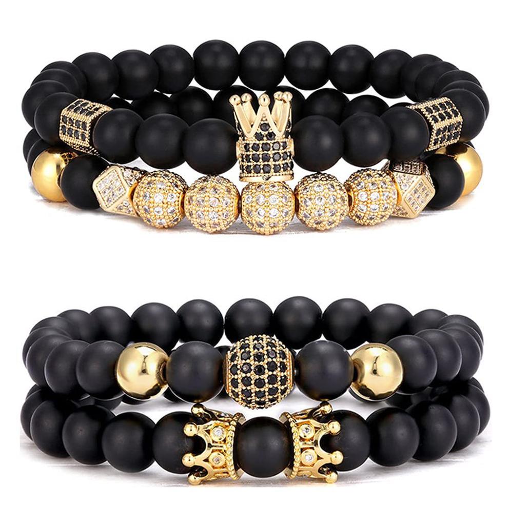 8Mm Black Matte Crown Bracelet Hexagonal Zircon Inlaid Four-piece Bracelet Gold Crown Black Matte Bracelet