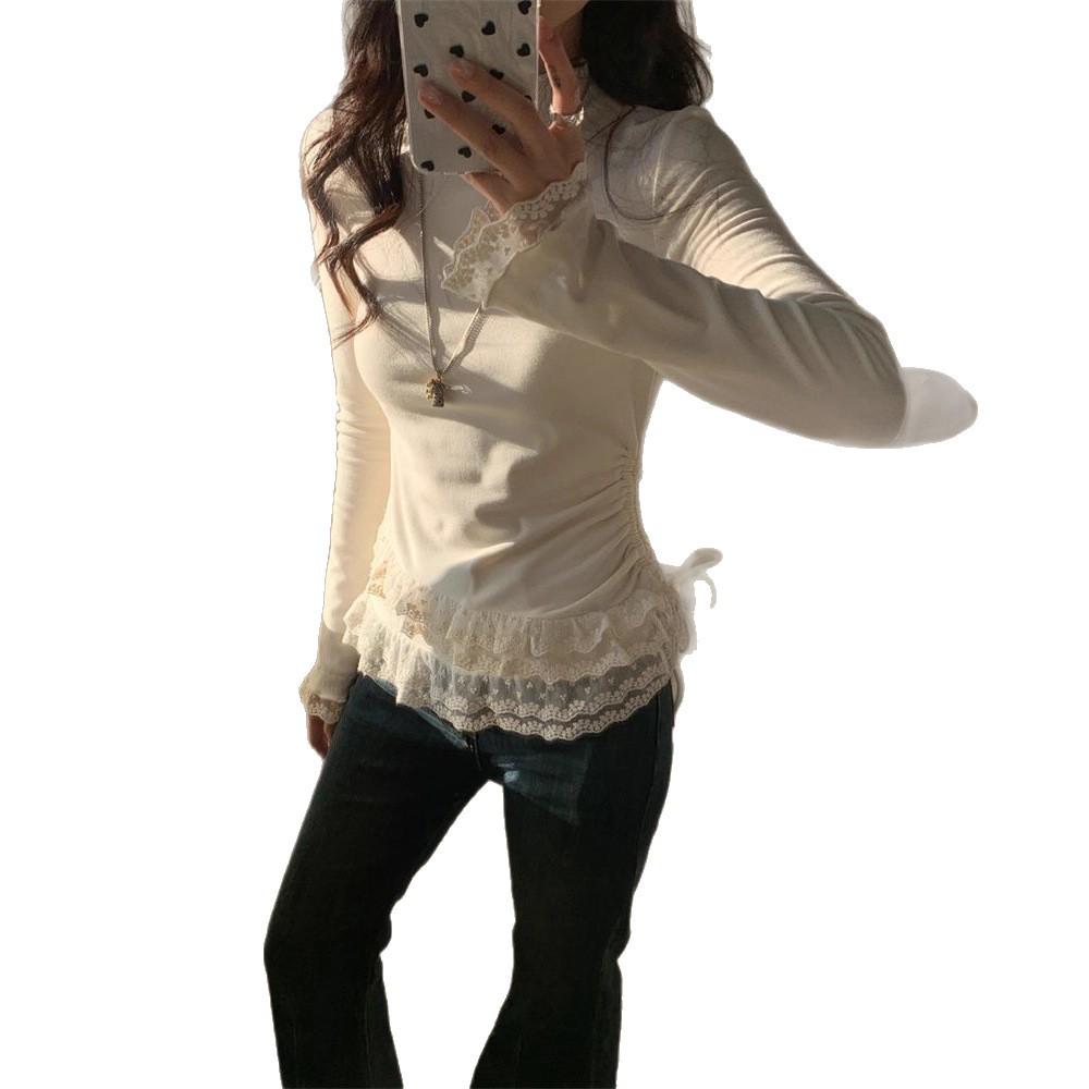 

Korean-Style Lace Trim Drawstring Half-High Neck Pullover: Slimming Long Sleeve Base Layer for Women (Autumn/Winter). Small