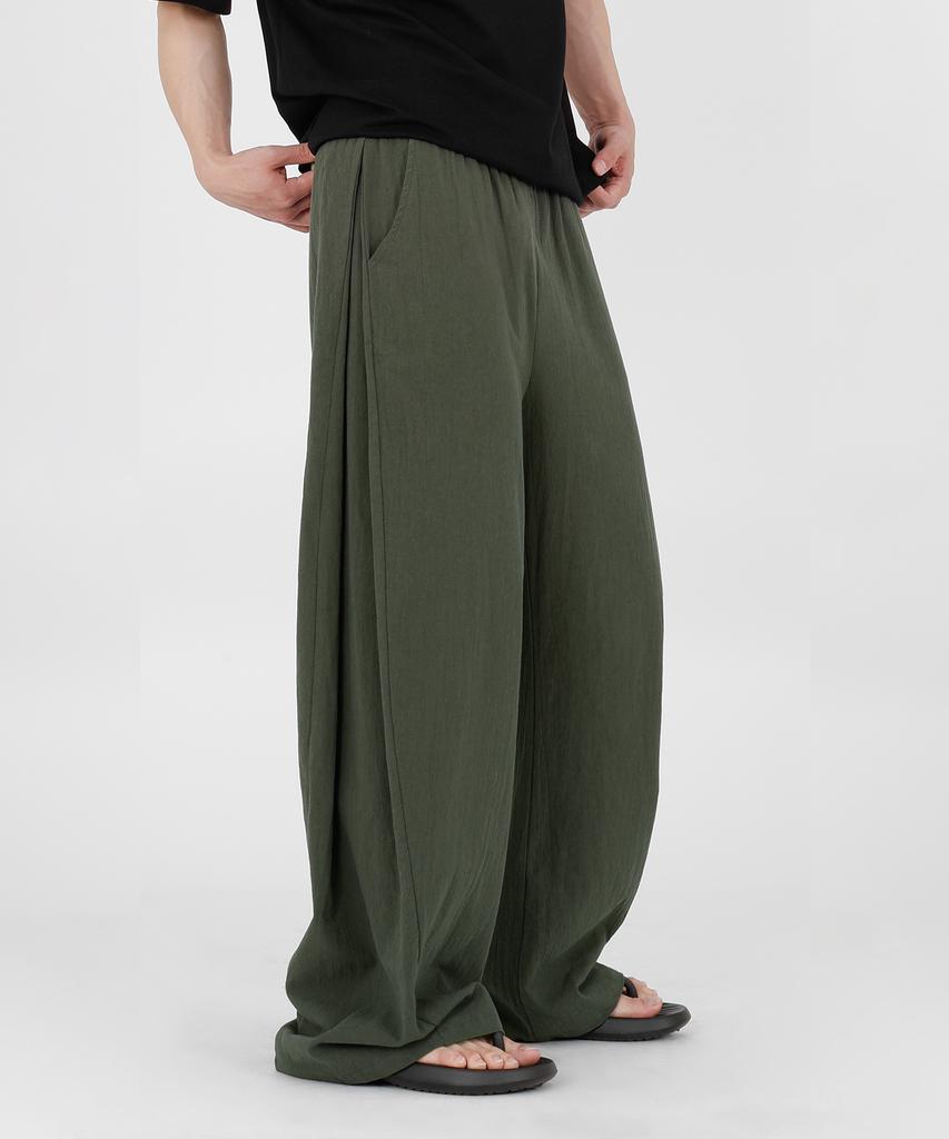 Opeumeideu Side Pintuck Linen-Like Curved Pants