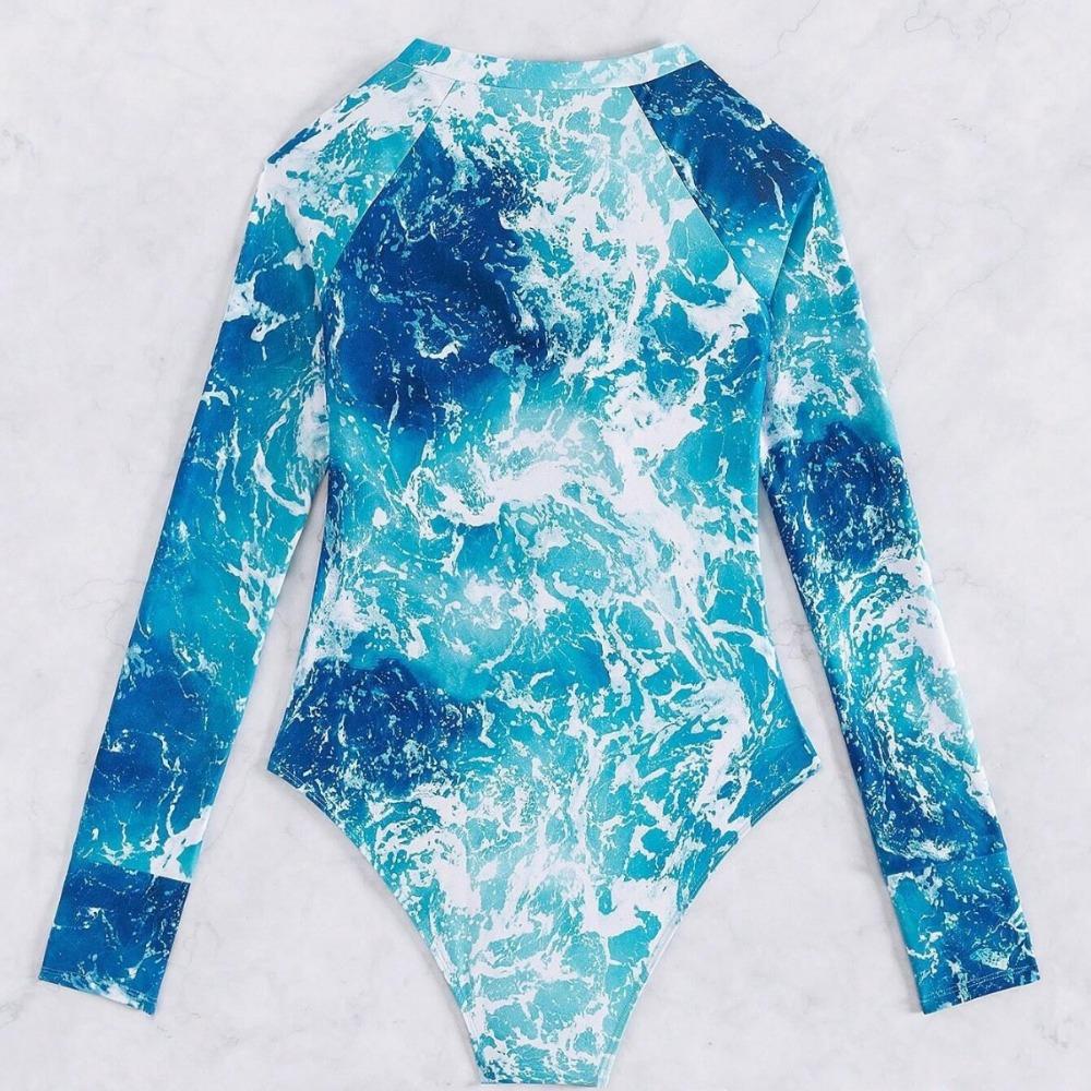 One-piece Long-sleeved Printed Zip-up Swimsuit