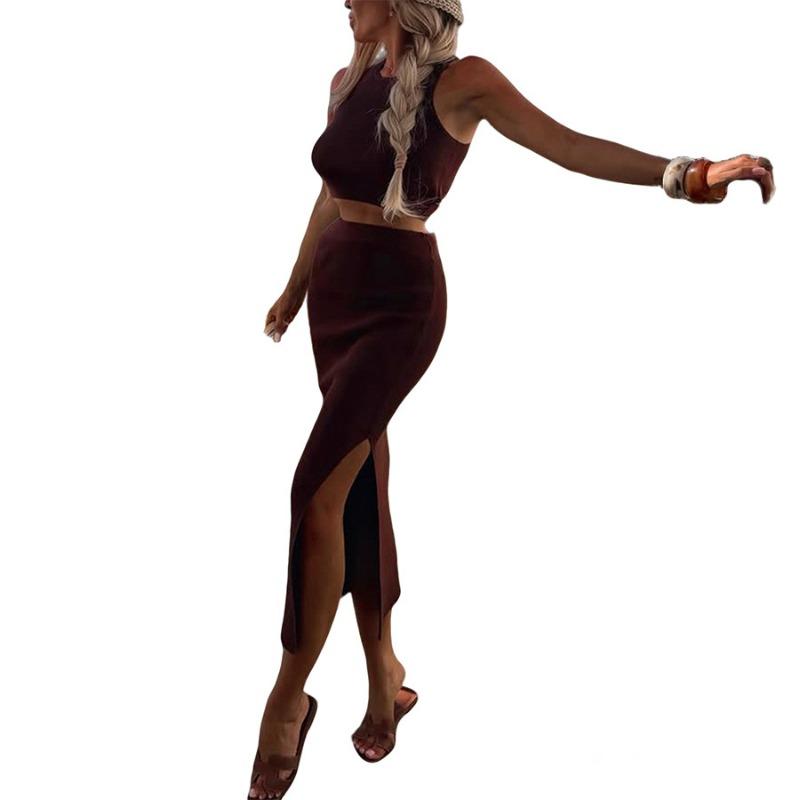 Women Casual Solid Color Sleeveless Cropped Top Slit Midi Skirt Two Piece Set