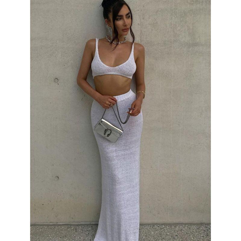 Western Style Gyaru Beach Suit Wrap-around Solid Sheath Long dress Two-piece Set Beach Set for Women