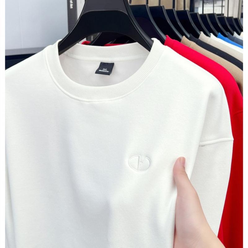 High-End Men's Royal Blue Embroidered Sweatshirt, Round Neck, Velvet-Lined for Autumn/Winter Warmth